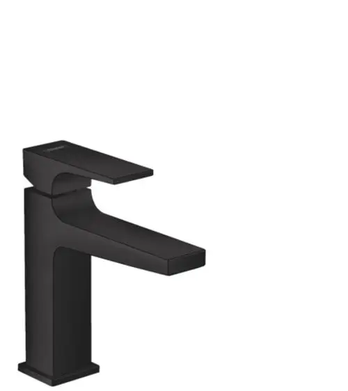 Schwarzer Einhebel-Waschtischmischer mit Hebelgriff und senkrecht verlaufendem Wasserauslauf von Hansgrohe. Minimalistisches Design ohne sichtbare technische Details.